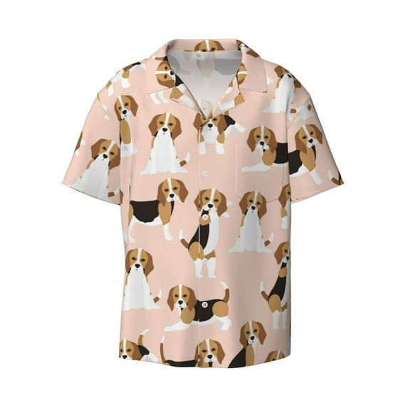 KLL Beagle Dog On Brown Print Men's Shirt Short Sleeve Button Down Summer Cuba Beach Shirts- Small