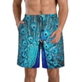 thumbnail image 1 of KLL Beautiful Blue Peacock Men's Casual Summer Beach Shorts Hawaiian Shorts with Pockets-Small, 1 of 5
