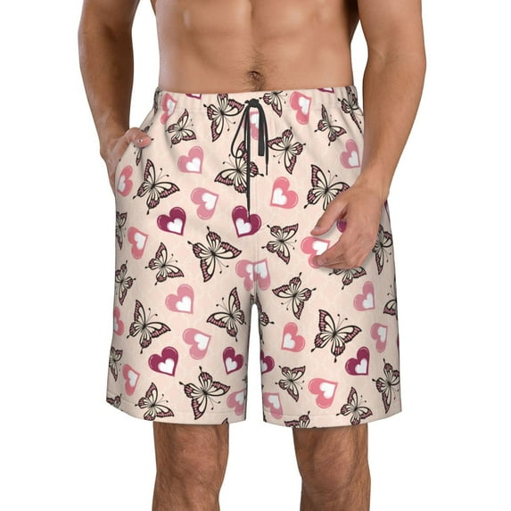 KLL Beautiful Butterflies and Hearts Men's Casual Summer Beach Shorts Hawaiian Shorts with Pockets-X-Large
