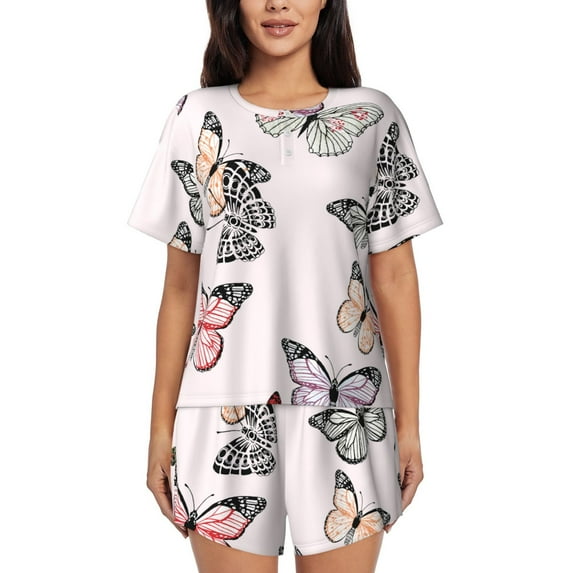 KLL Beautiful Butterfly Print Pajama Set for Women Short Sleeve Sleepwear Pjs Soft 2 Piece Lounge Sleepwear Sets-Large