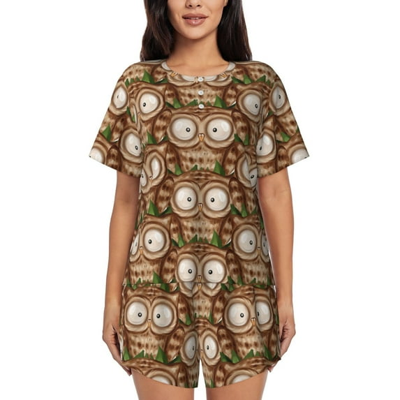 KLL Beautiful Owl Print Pajama Set for Women Short Sleeve Sleepwear Pjs Soft 2 Piece Lounge Sleepwear Sets-Medium
