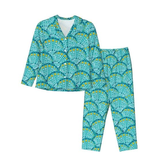 KLL Beautiful Seashells Print Women's Long Sleeve Pajamas with Pants Sleepwear Loungewear 2 Set-Large
