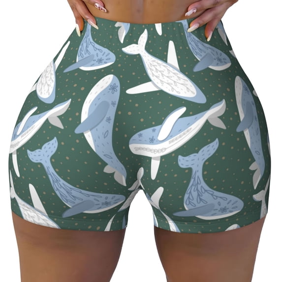 KLL Beautiful Whales Pattern Workout Shorts for Women Scrunch Short Gym Yoga Running Sport Active Exercise Fitness Shorts