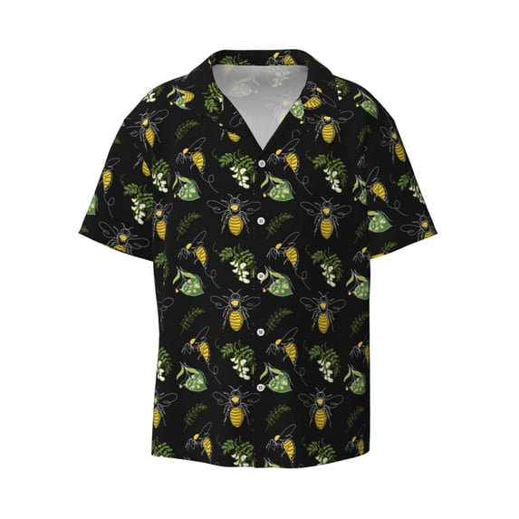KLL Bee Floral Print Men's Shirt Short Sleeve Button Down Summer Cuba Beach Shirts- XX-Large