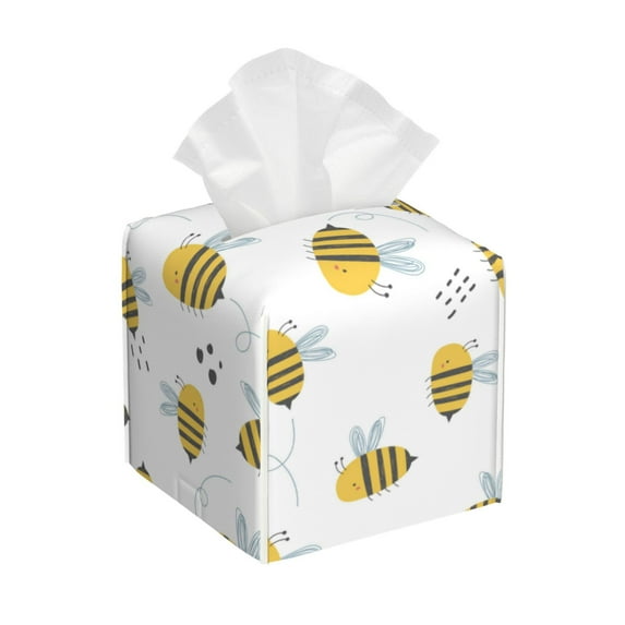 KLL Bee Print Tissue Box Cover,Leather Tissue Holder Square Facial Tissue Case Facial Paper Organizer Dispenser for Bathroom, Vanity Countertop