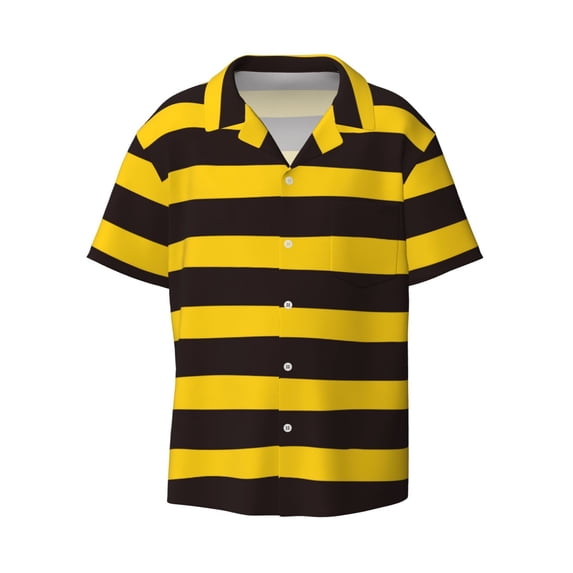 KLL Bee Stripe Print Men's Shirt Short Sleeve Button Down Summer Cuba Beach Shirts- Large