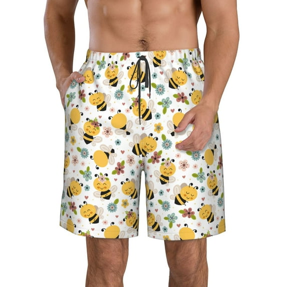 KLL Bee and Flowers Men's Casual Summer Beach Shorts Hawaiian Shorts with Pockets-X-Large