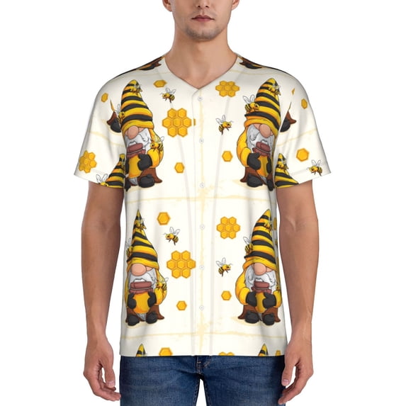 KLL Beekeeper Gnome Holding A Glass for Men's Baseball Shirts,Short Sleeve Casual Shirts Button Down Shirt for Men Beach Summer Wedding Shirt-Medium