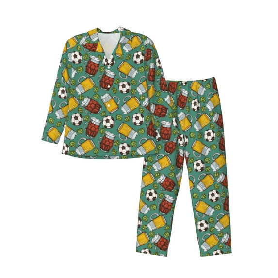 KLL Beer And Soccer Sleepwear Mens Flannel Pajamas,Long Cotton Pj Set