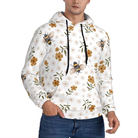 KLL Bees And Flowers Print Mens Hoodie Long Sleeve Casual Pullover Hooded Sweatshirt Fashion Drawstring Hoodies with Pocket-3X-Large