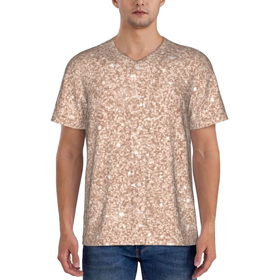 KLL Beige Sparkling Glitter for Men's Baseball Shirts,Short Sleeve Casual Shirts Button Down Shirt for Men Beach Summer Wedding Shirt-Large