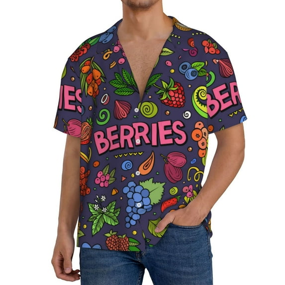 KLL Berry Fruits Print Men's Shirt Short Sleeve Button Down Summer Cuba Beach Shirts- X-Large