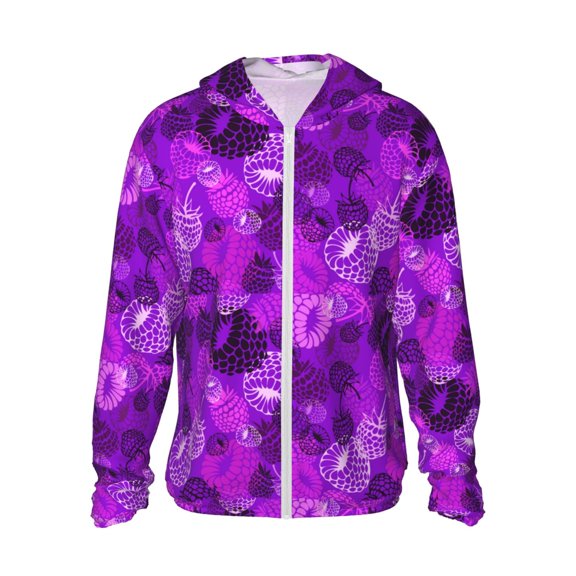 KLL Berry Raspberry Print Men's Women’s UPF 50  Sun Protection Outdoor Hoodie Jacket Long Sleeve Fishing Hiking Performance Shirt- 3X-Large