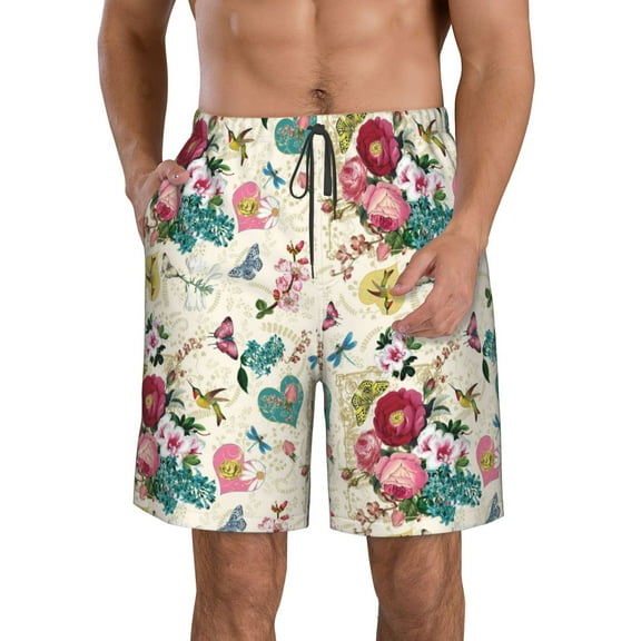 KLL Bird Butterfly Rose Men's Casual Summer Beach Shorts Hawaiian Shorts with Pockets-Medium