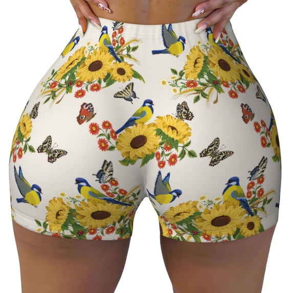 KLL Bird Sunflowers Pattern Workout Shorts for Women Scrunch Short Gym Yoga Running Sport Active Exercise Fitness Shorts