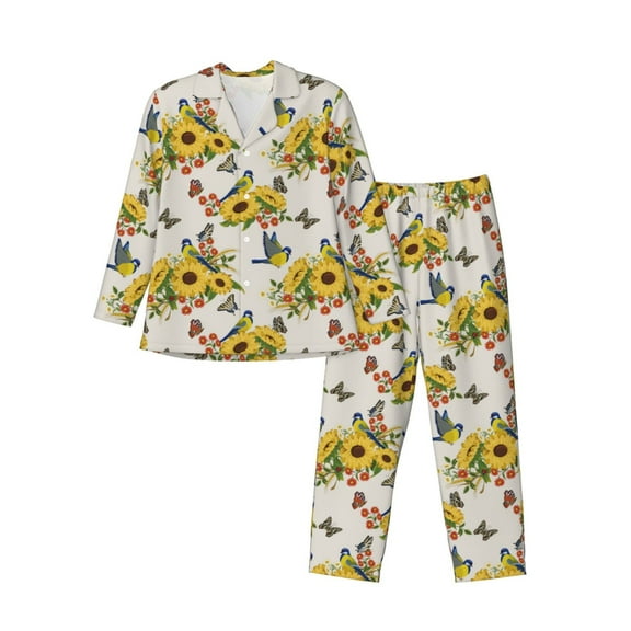 KLL Bird Sunflowers Sleepwear Mens Flannel Pajamas,Long Cotton Pj Set