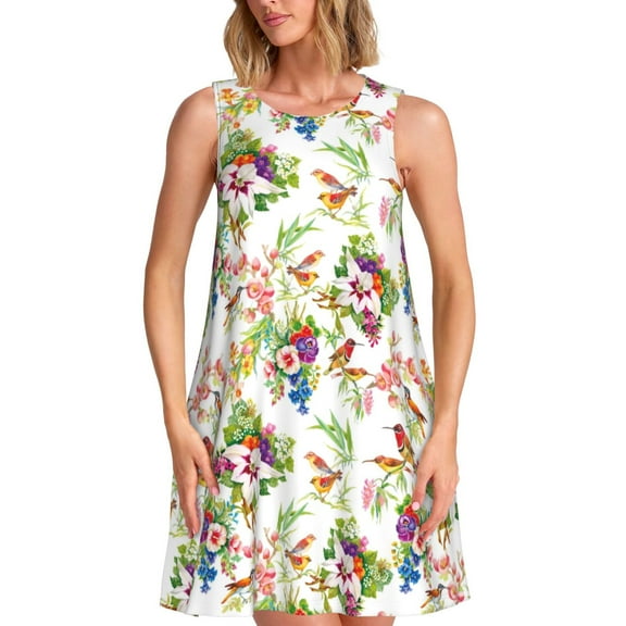 KLL Birds And Flowers Pattern Womens Summer Dresses 2025,Loose Round Neck Sleeveless Sundresses Tank Dresses with Pockets
