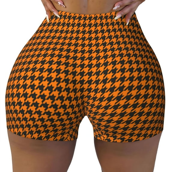 KLL Black And Orange Houndstooth Pattern Workout Shorts for Women Scrunch Short Gym Yoga Running Sport Active Exercise Fitness Shorts