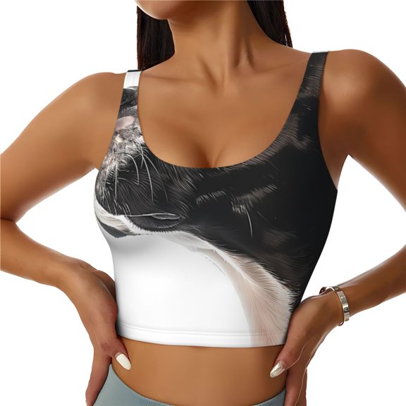 KLL Black And White Boston Terrier for Workout Tank Tops for Women,U Back Fitness Top Built in Shelf Bras Padded Fit for Yoga Gym-X-Large