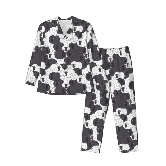 KLL Black And White Sheeps Sleepwear Mens Flannel Pajamas,Long Cotton Pj Set