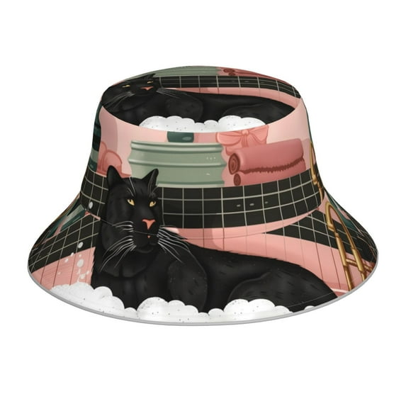 KLL Black Cat Pink Bathroom Bucket Hat for Women Men Packable Travel Beach Sun Hat Outdoor Rave Accessories Reflective Fisherman Cap