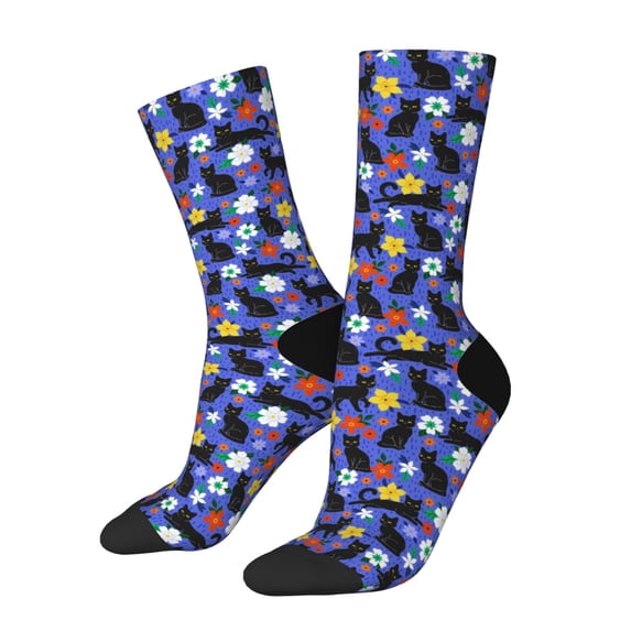 KLL Black Cats And Flowers Print Cool Socks Men's Women's Crew Socks Funny Crazy Novelty Stockings