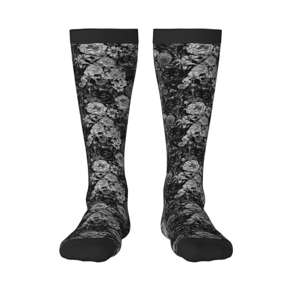 KLL Black Cats In A Garden Print Cool Socks Men's Women's Crew Socks Funny Crazy Novelty Stockings