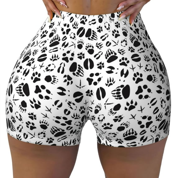 KLL Black Footprints Pattern Workout Shorts for Women Scrunch Short Gym Yoga Running Sport Active Exercise Fitness Shorts