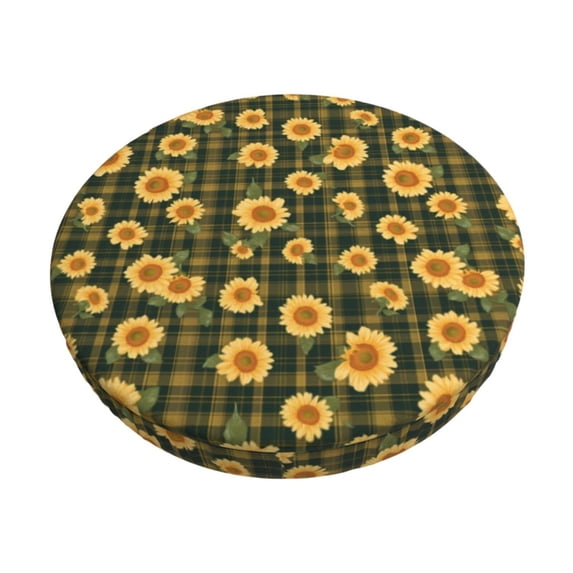 KLL Black Ink Green Plaid Sunflower Round Bar Chair Cushion Cover 12 inch ,Bar Stool Protector with Elastic, Soft Washable