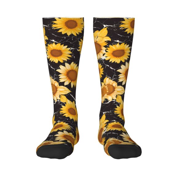 KLL Black Marble Pattern Sunflower Print Cool Socks Men's Women's Crew Socks Funny Crazy Novelty Stockings