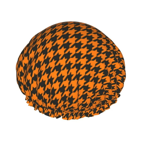 KLL Black And Orange Houndstooth Pattern Shower Cap & Bath Cap for Women,Reversible Oversized Waterproof Shower Caps for all Hair Lengths,Elastic Reusable Bathing Hair Cap