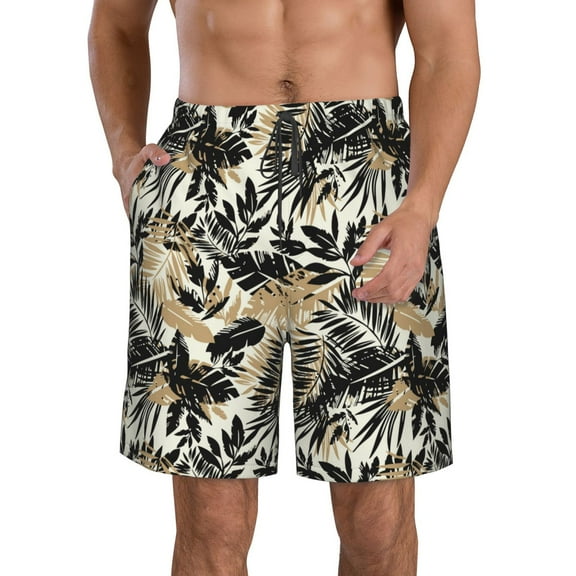 KLL Black Palm Leaves Men's Casual Summer Beach Shorts Hawaiian Shorts with Pockets-Medium