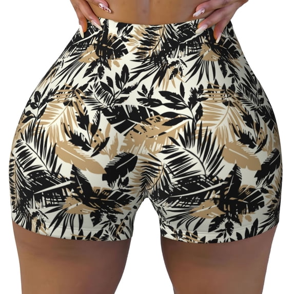 KLL Black Palm Leaves Pattern Workout Shorts for Women Scrunch Short Gym Yoga Running Sport Active Exercise Fitness Shorts