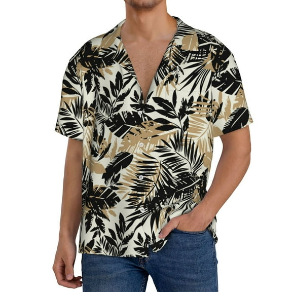 KLL Black Palm Leaves Print Men's Shirt Short Sleeve Button Down Summer Cuba Beach Shirts- 4X-Large