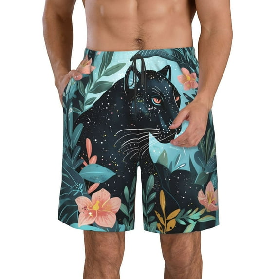 KLL Black Panther Floral Illustration Men's Casual Summer Beach Shorts Hawaiian Shorts with Pockets-Large