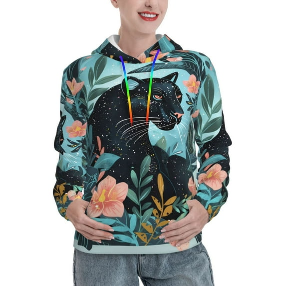KLL Black Panther Floral Illustration for Womens Pullover Hoodie with Pocket Hooded Long Sleeve Shirts Sweatshirt for Women-Small