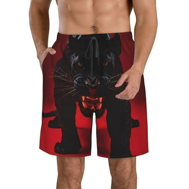 KLL Black Panther Red Background Men's Casual Summer Beach Shorts Hawaiian Shorts with Pockets-Small