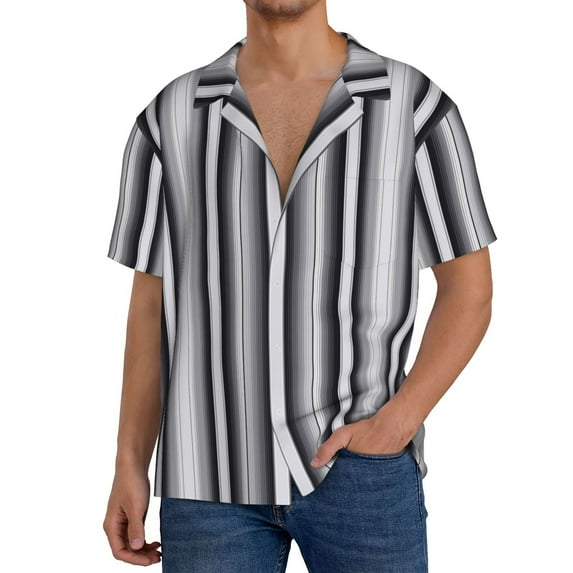 KLL Black White Gray Mexican Blanket Serape Stripes Print Men's Shirt Short Sleeve Button Down Summer Cuba Beach Shirts-4X-Large