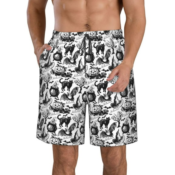 KLL Black White Halloween Men's Casual Summer Beach Shorts Hawaiian Shorts with Pockets-Small