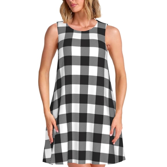 KLL Black White Plaid Pattern Womens Summer Dresses 2025,Loose Round Neck Sleeveless Sundresses Tank Dresses with Pockets