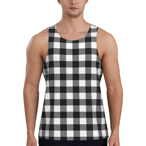 KLL Black White Plaid Print Men's Muscle Gym Workout Stringer Tank Tops Bodybuilding Fitness T-Shirts Tank Tops Men-3X-Large