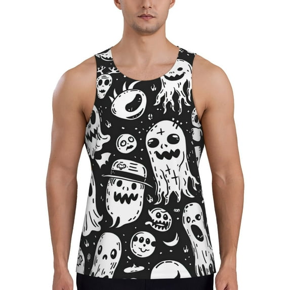 KLL Black White Spooky Ghosts Print Men's Muscle Gym Workout Stringer Tank Tops Bodybuilding Fitness T-Shirts Tank Tops Men-4X-Large