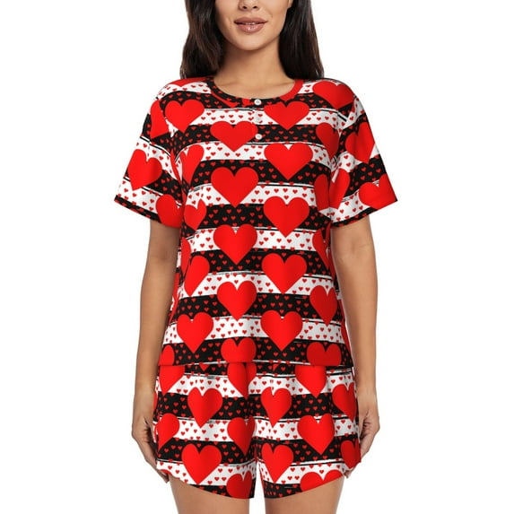 KLL Black and white striped and red hearts Print Pajama Set for Women Short Sleeve Sleepwear Pjs Soft 2 Piece Lounge Sleepwear Sets-Large