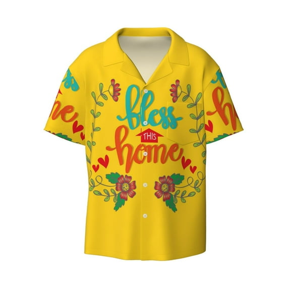 KLL Bless This Home Print Men's Shirt Short Sleeve Button Down Summer Cuba Beach Shirts- Large