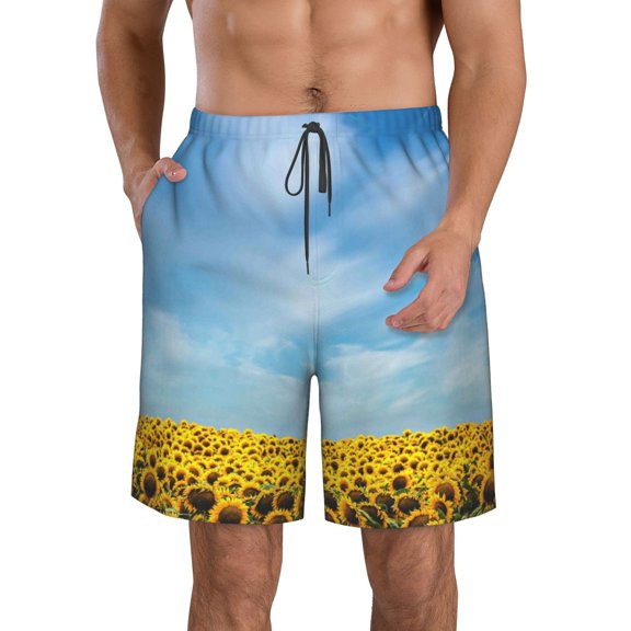 KLL Blooming Sunflower Field Men's Casual Summer Beach Shorts Hawaiian Shorts with Pockets-Small