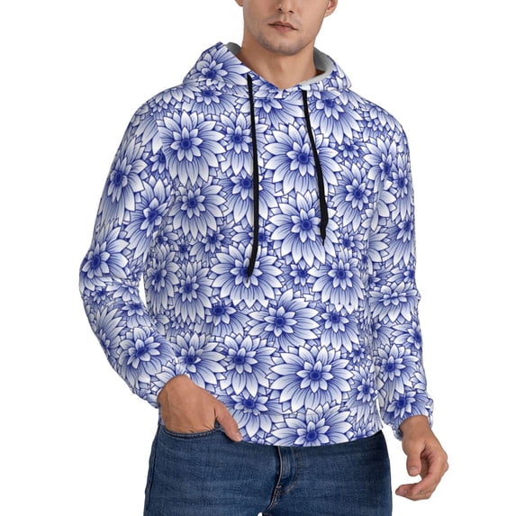 KLL Blue And White Flowers Print Mens Hoodie Long Sleeve Casual Pullover Hooded Sweatshirt Fashion Drawstring Hoodies with Pocket-3X-Large