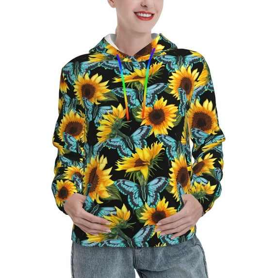 KLL Blue Batterflies Sunflower for Womens Pullover Hoodie with Pocket Hooded Long Sleeve Shirts Sweatshirt for Women-Medium