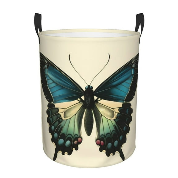 KLL Blue Black Butterfly Art Waterproof Foldable Laundry Hamper Bucket with Handles for Storage Bin,Kids Room,Home Organizer (Medium )