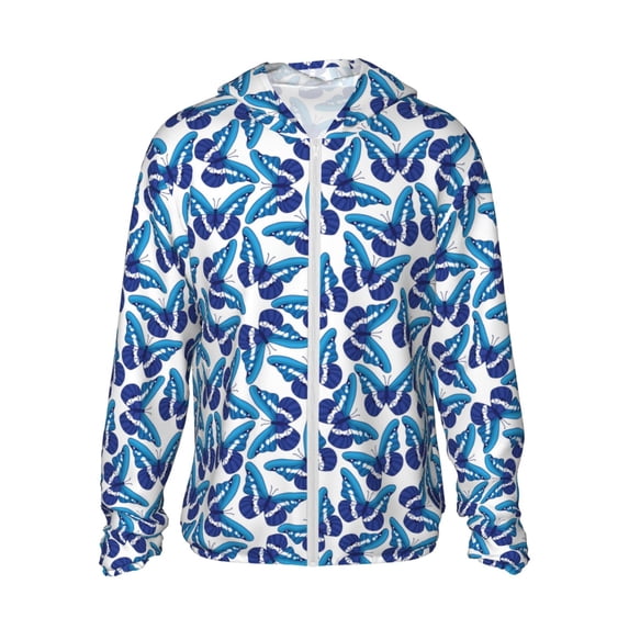 KLL Blue Butterflies Print Men's Women’s UPF 50+ Sun Protection Outdoor Hoodie Jacket Long Sleeve Fishing Hiking Performance Shirt-X-Large