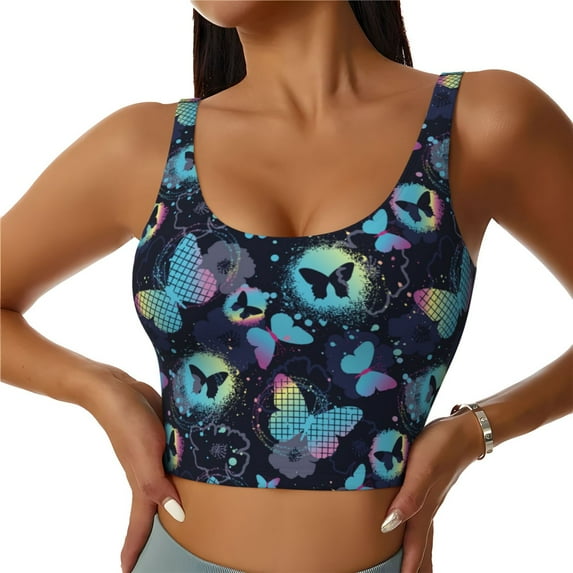KLL Blue Butterfly for Workout Tank Tops for Women,U Back Fitness Top Built in Shelf Bras Padded Fit for Yoga Gym-XX-Large